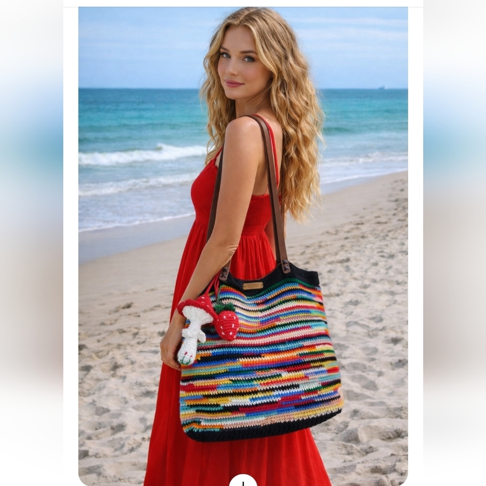 Handmade Crochet Striped Shoulder Bag With Mushroom 🍄 And Strawberry 🍓 Charm